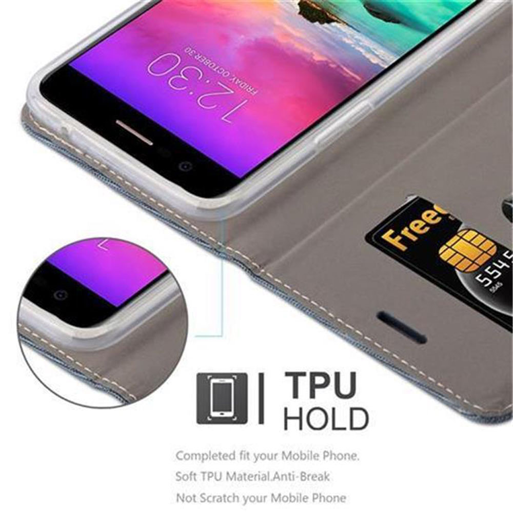 Graue Handyhülle offen, zeigt ein Telefon mit Startbildschirm. Der Hintergrund ist eine graue Oberfläche.