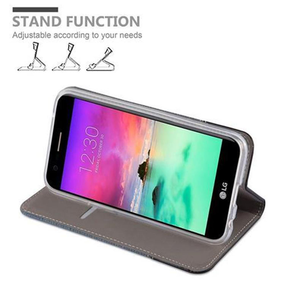 Telefon in einer Hülle, in Ständerposition. Die Hülle ist grau und hat ein Display.