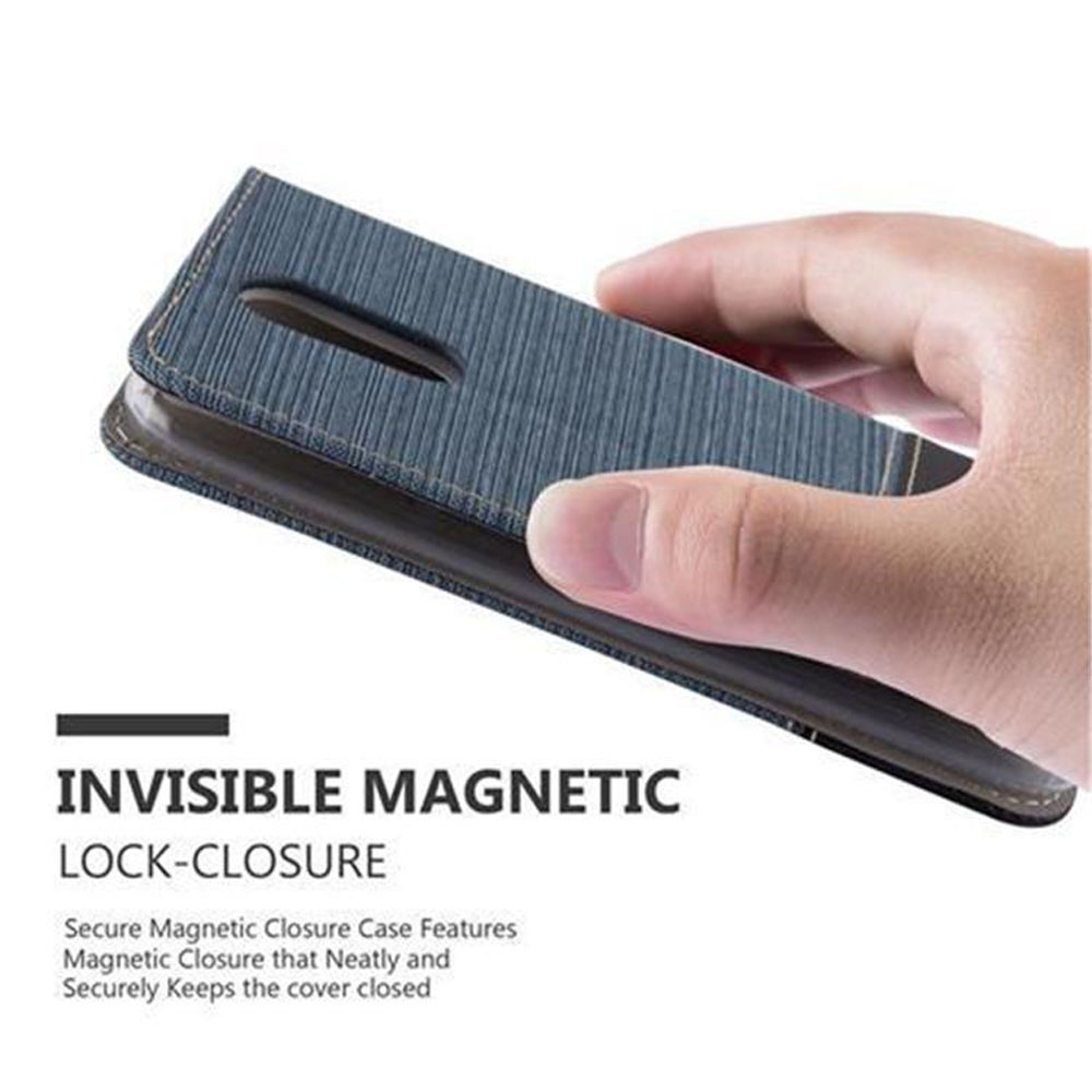 Schwarze Handyhülle mit Telefon, Hand hält sie. Unsichtbarer Magnetverschluss.