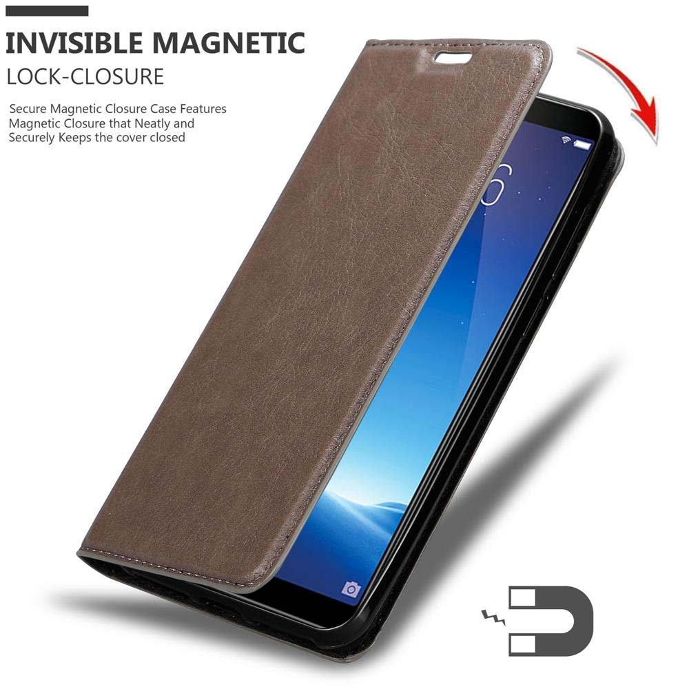 Telefono in custodia marrone, con chiusura magnetica invisibile.