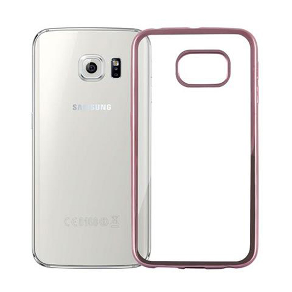 Un telefono bianco e una custodia rosa. Sfondo bianco. Il telefono mostra il retro.