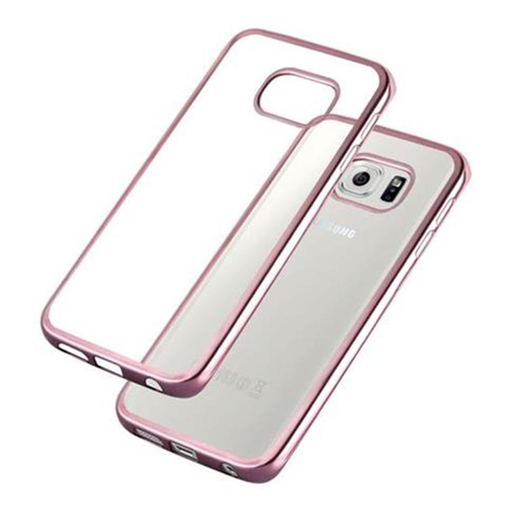 Custodia per telefono con cornice rosa. La custodia è trasparente. La custodia è su una superficie bianca.