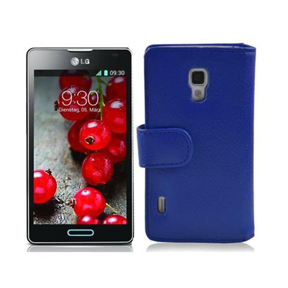 LG-Smartphone mit roten Früchten auf dem Bildschirm und blauer Lederhülle.