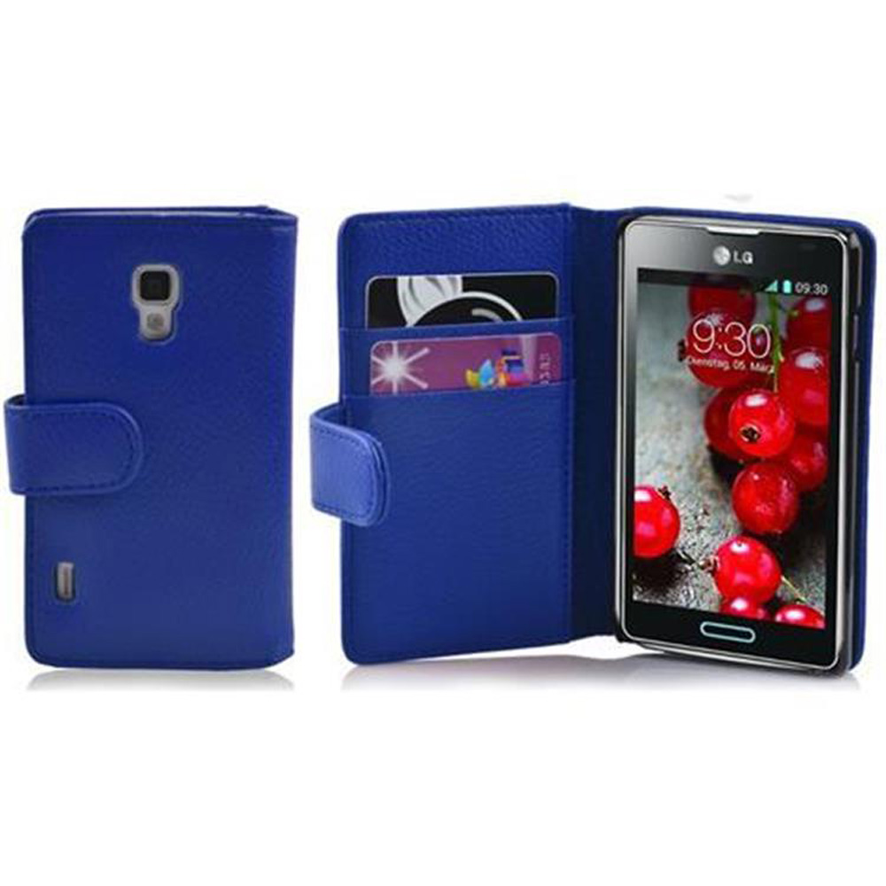 Eine blaue Handyhülle, offen, mit einem Telefon, dessen Bildschirm ein Datum und eine Uhrzeit anzeigt, mit Karten.