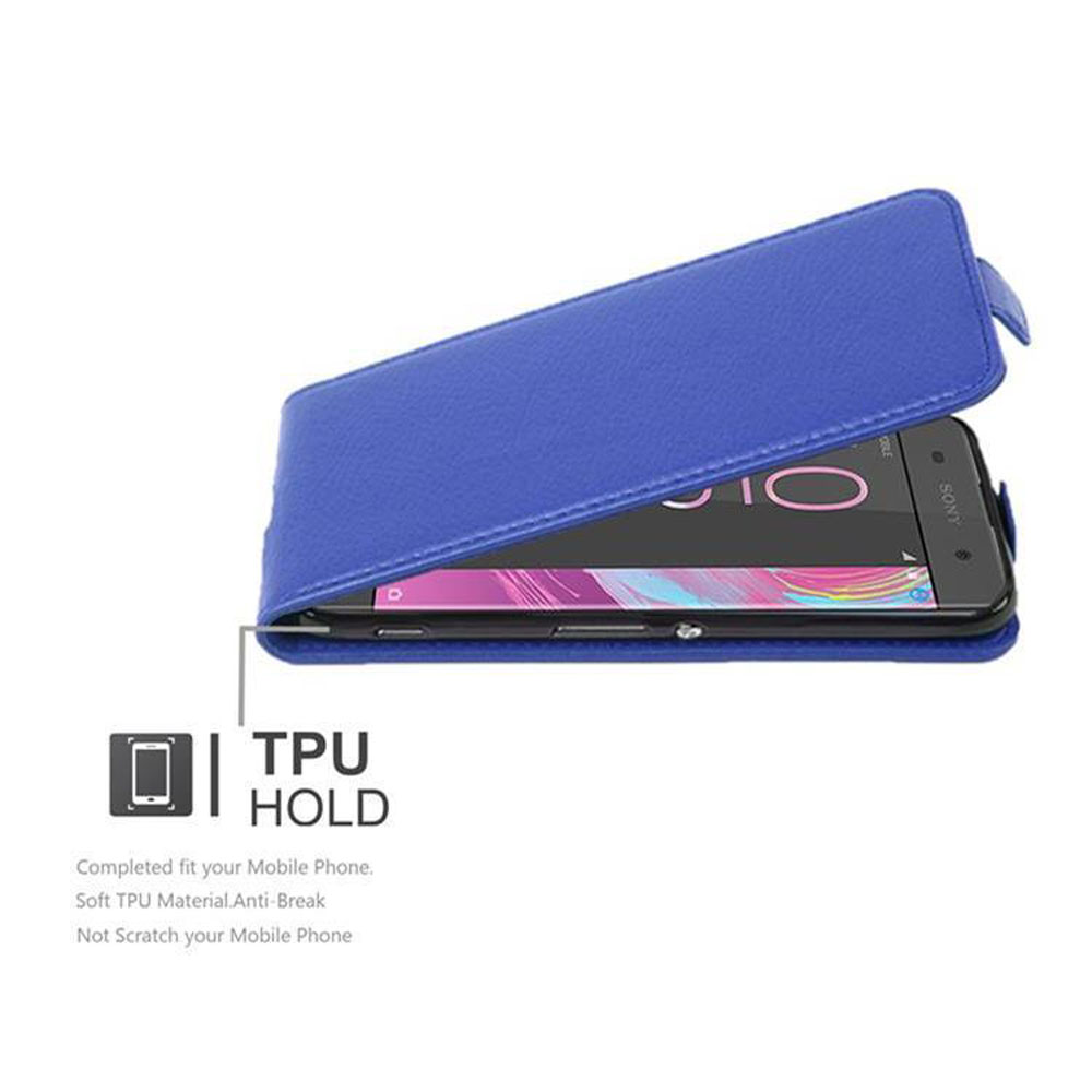 Telefono in custodia blu, aperto. Testo: TPU Hold. Vestibilità perfetta.