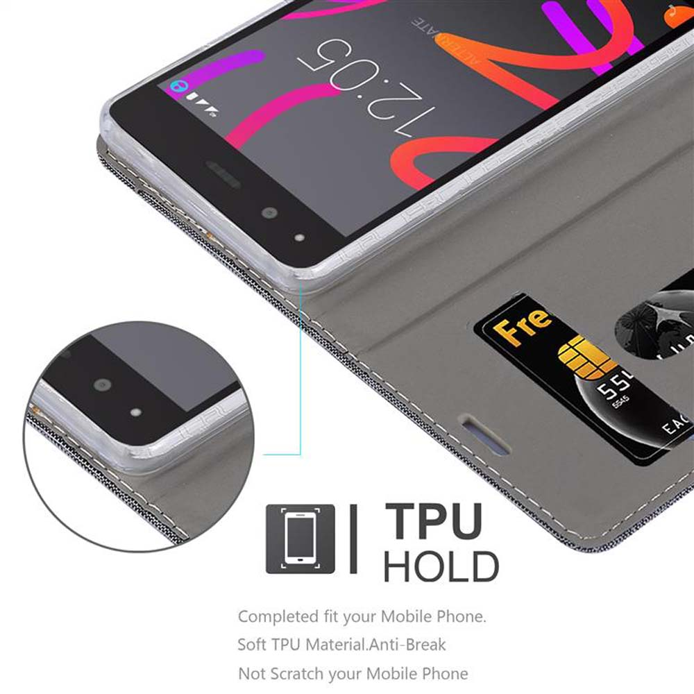 Eine Handyhülle mit einem Telefon darin, die Details eines Telefons zeigend.