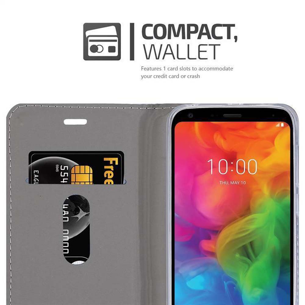 Una custodia per telefono con uno slot per carte e uno schermo del telefono che mostra un orologio e una carta.