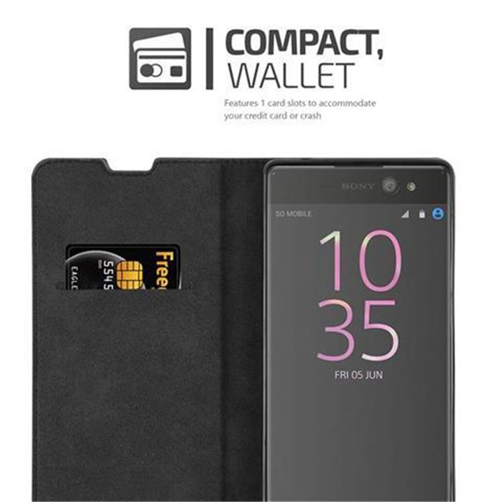 Un telefono nero in una custodia a portafoglio aperta, che mostra lo schermo. Una carta in uno slot. Testo: 'COMPACT, WALLET'.