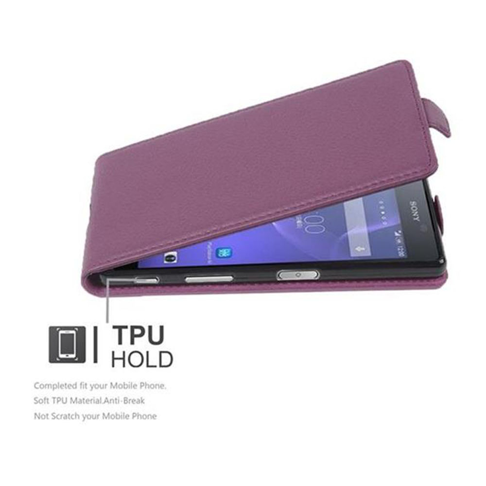 Custodia viola con telefono dentro. Testo: TPU HOLD. Custodia aperta, telefono visibile.