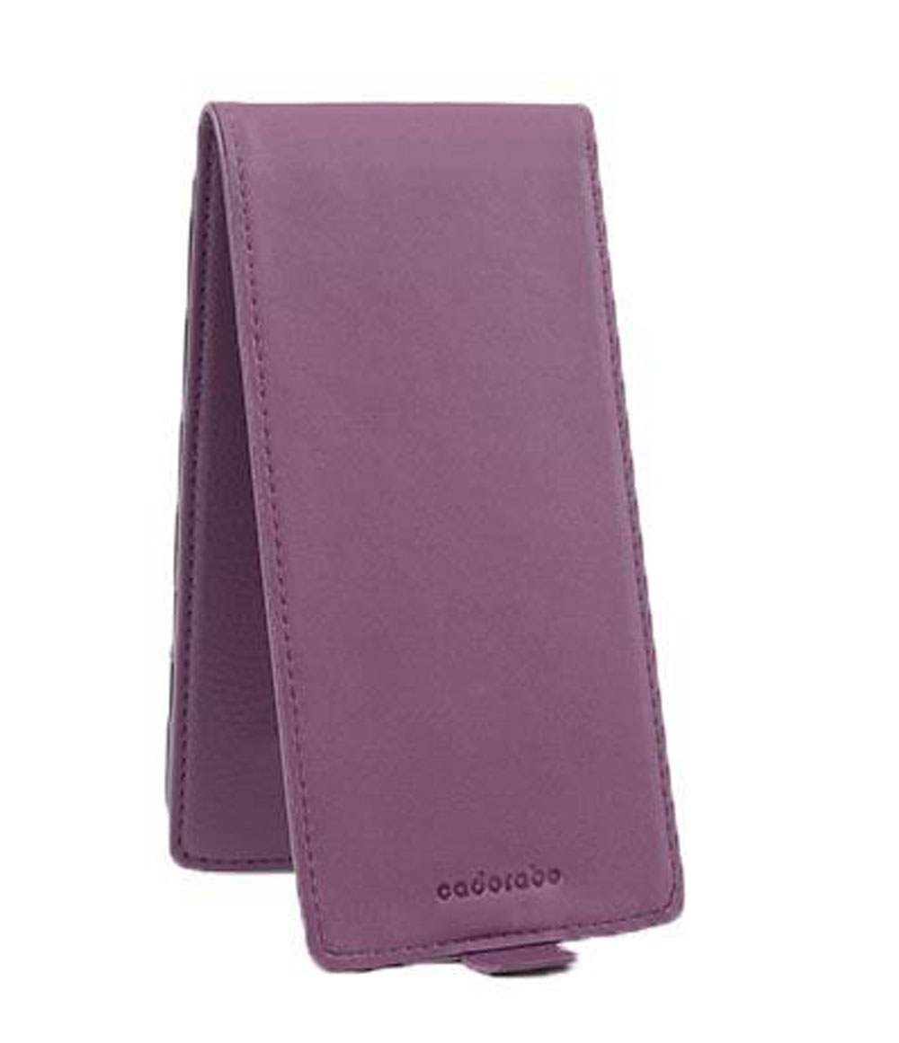 Una custodia per telefono viola. La custodia è chiusa, con una piccola linguetta per aprirla.