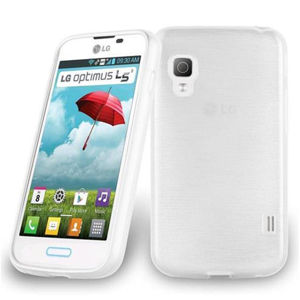 Teléfono LG blanco con funda, pantalla muestra aplicaciones, botones. Otra funda visible.