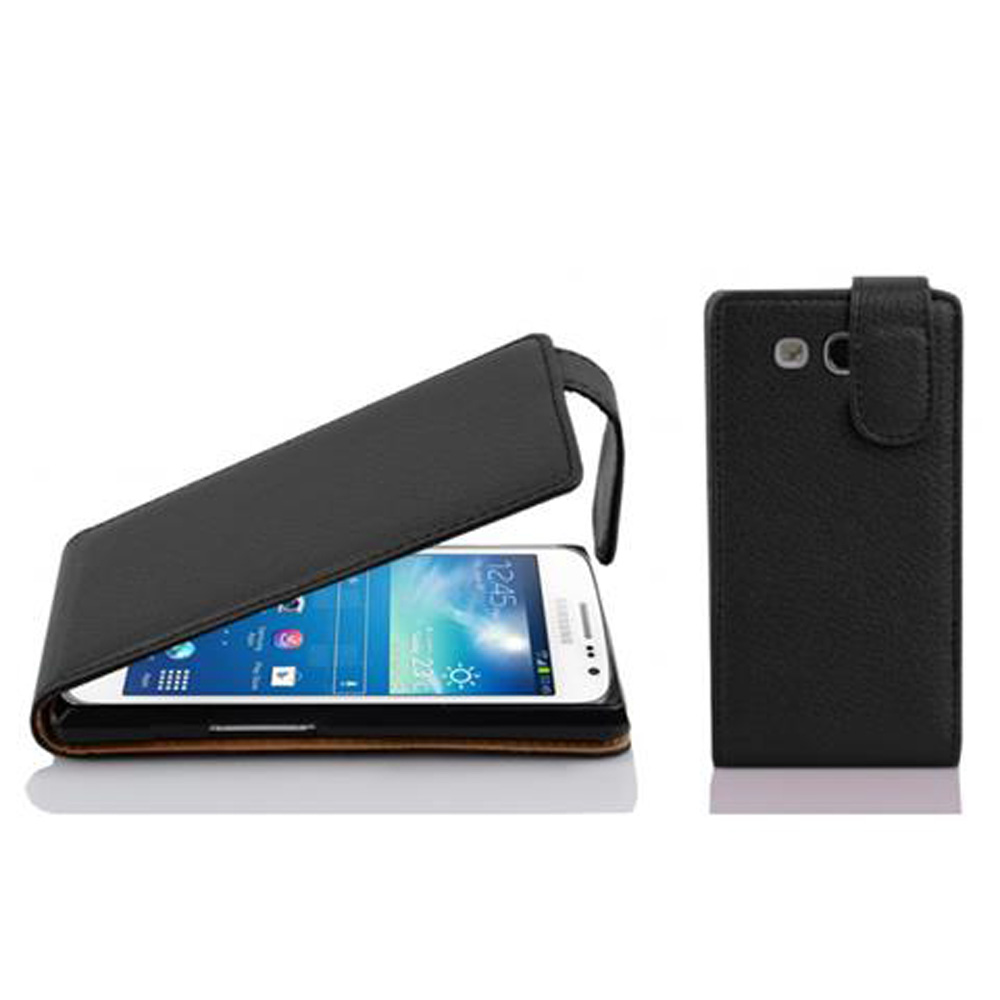 Teléfono blanco en funda negra. Funda abierta con hora y clima. Funda negra.