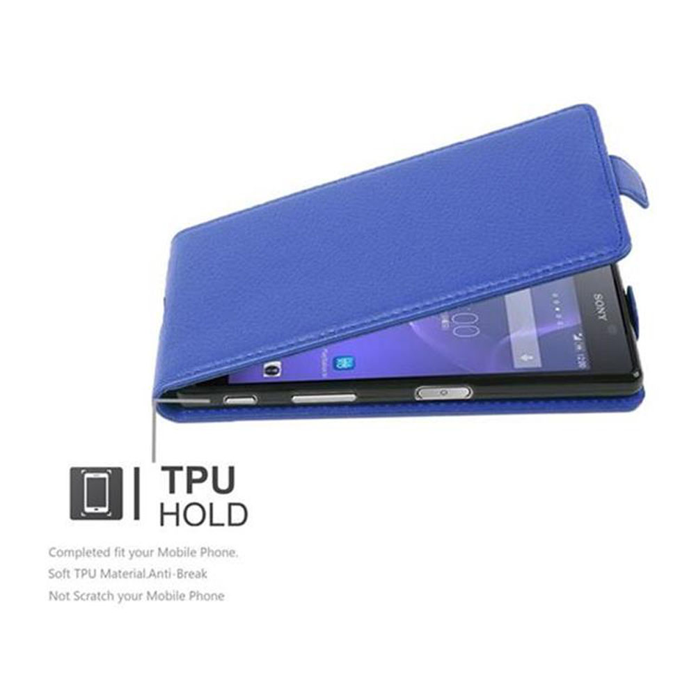 Blaue Handyhülle mit Telefon darin. Die Hülle ist offen. Text: TPU HOLD. Text unten.