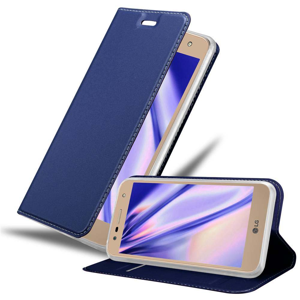 Marineblaue Handyhülle mit Handy, offen. Das Telefon ist goldfarben.
