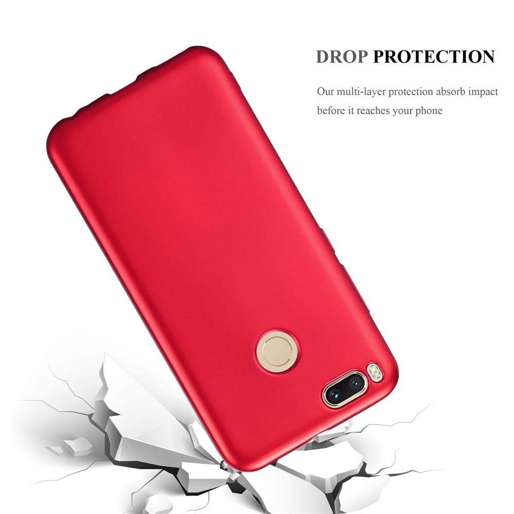 Una custodia per telefono rossa viene mostrata con un telefono e la custodia sta rompendo una superficie. Protezione da caduta.