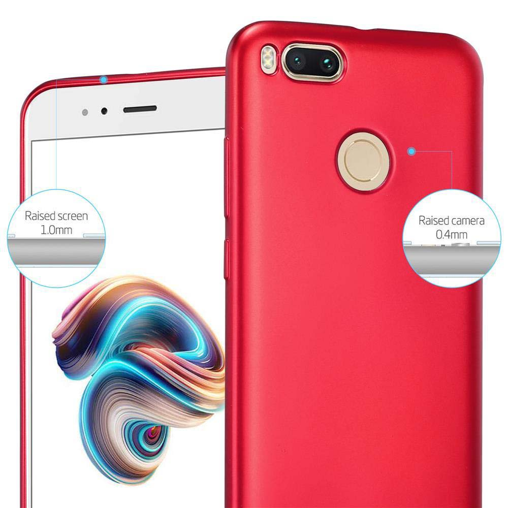 Una custodia per telefono rossa con schermo e fotocamera rialzati, dettagliata con etichette.