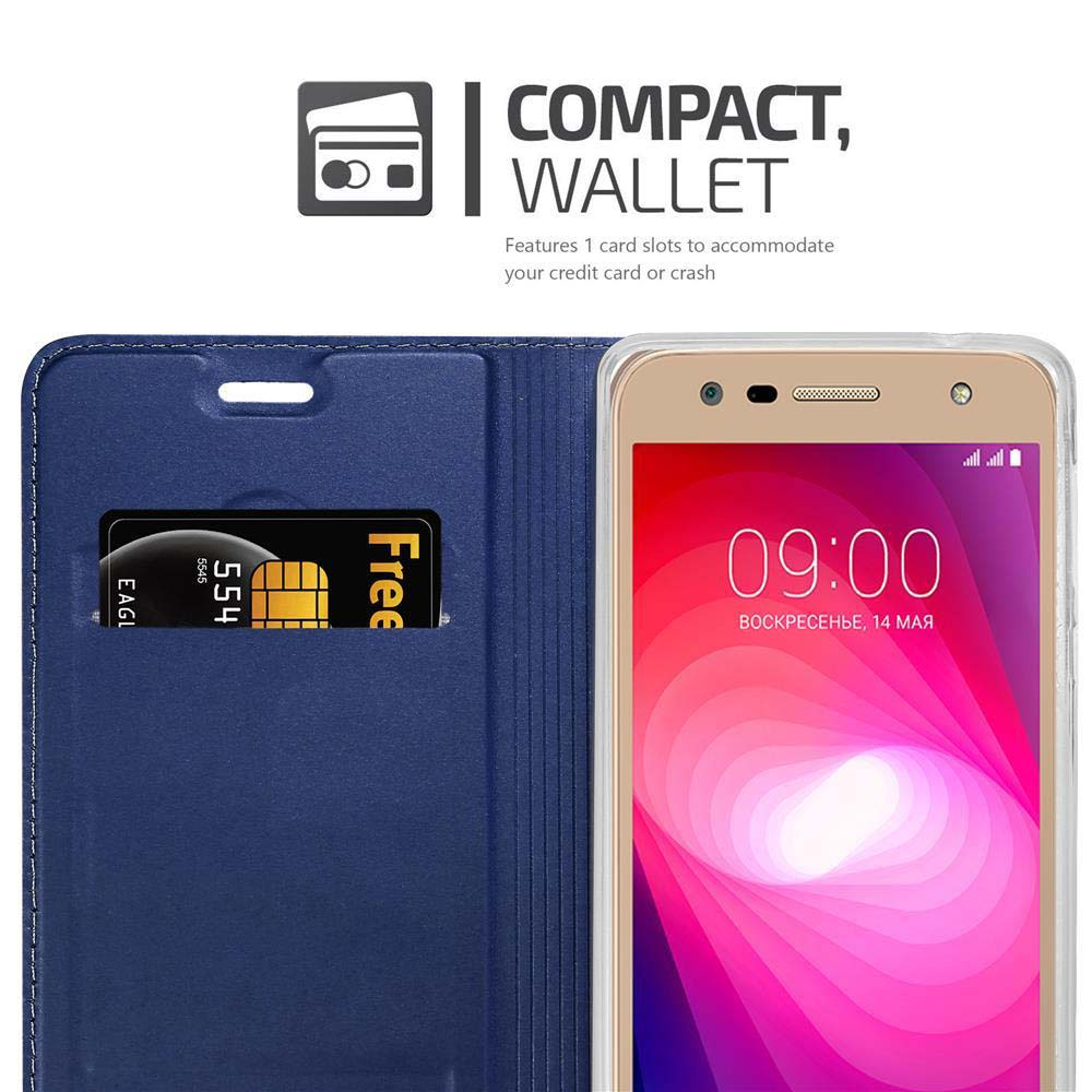 Offene Handyhülle mit Telefon und Kreditkarte. Blaue Gehäusefarbe.