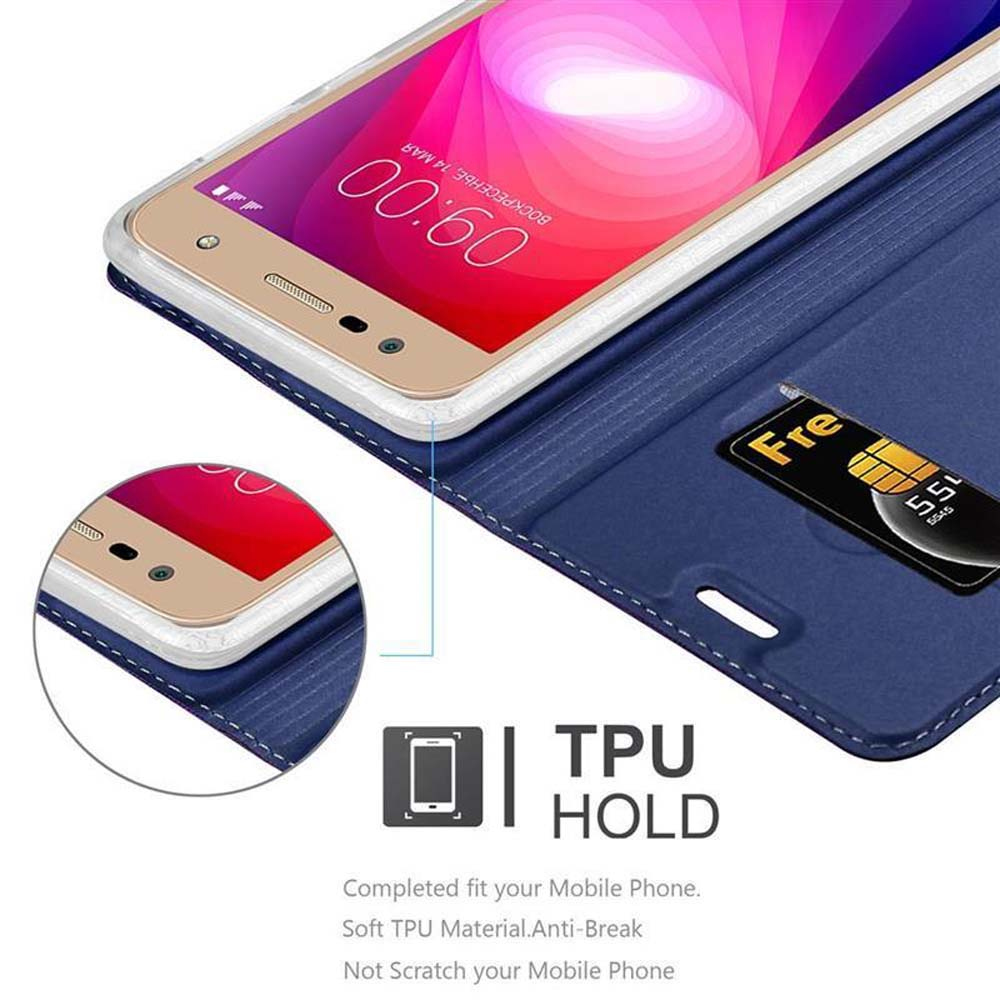 Ein Telefon in einer blauen Hülle. Die Hülle ist offen, und eine Karte ist darin. Text lautet: TPU HOLD.