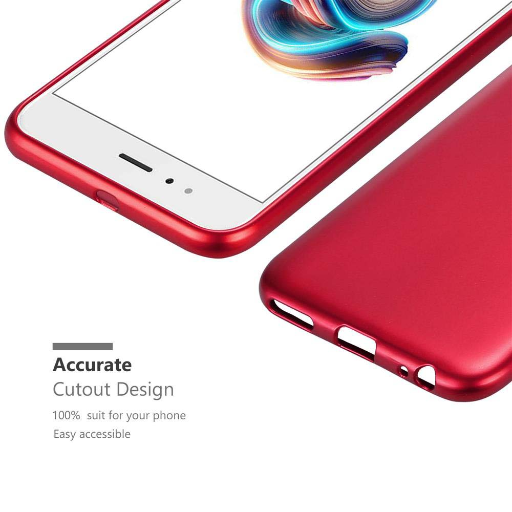 Telefono e custodia rossa. Il telefono è nella custodia. La custodia è rossa e ha ritagli per il telefono.