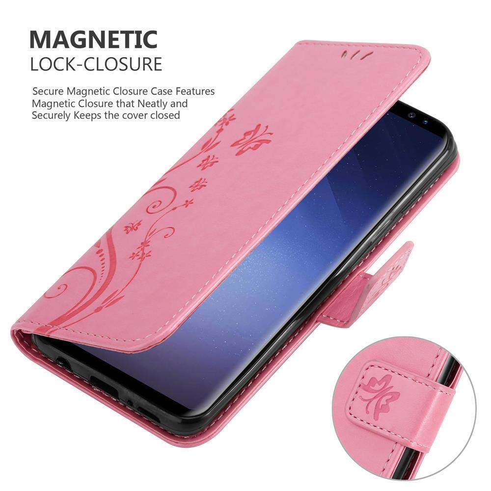 Custodia rosa per telefono con un disegno floreale, con un telefono all'interno. La custodia è aperta. Il telefono è acceso.