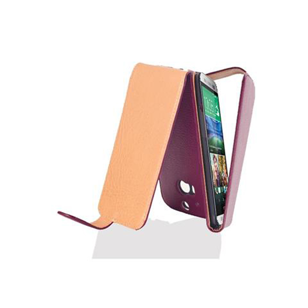 Funda de teléfono melocotón y morada. Teléfono dentro con la funda abierta.