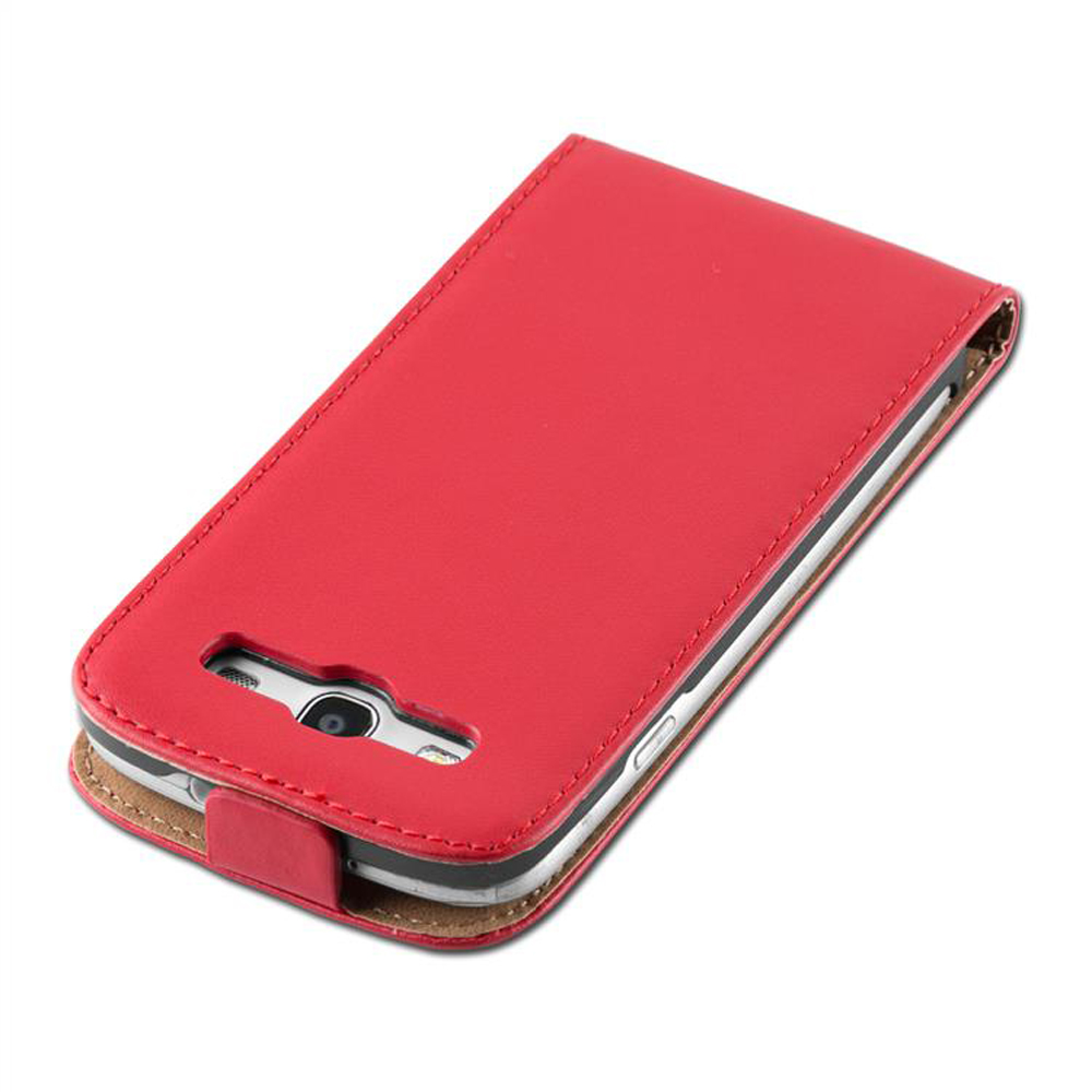 Custodia per telefono rossa, aperta. Il telefono è all'interno. La custodia ha una chiusura magnetica.