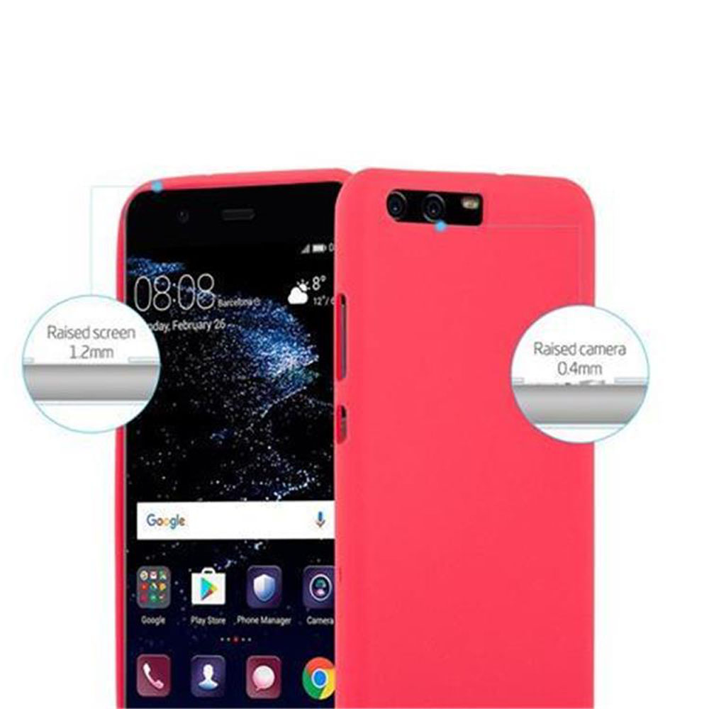 Una custodia rossa per telefono con un telefono all'interno. I diagrammi segnano i bordi rialzati dello schermo e della fotocamera.