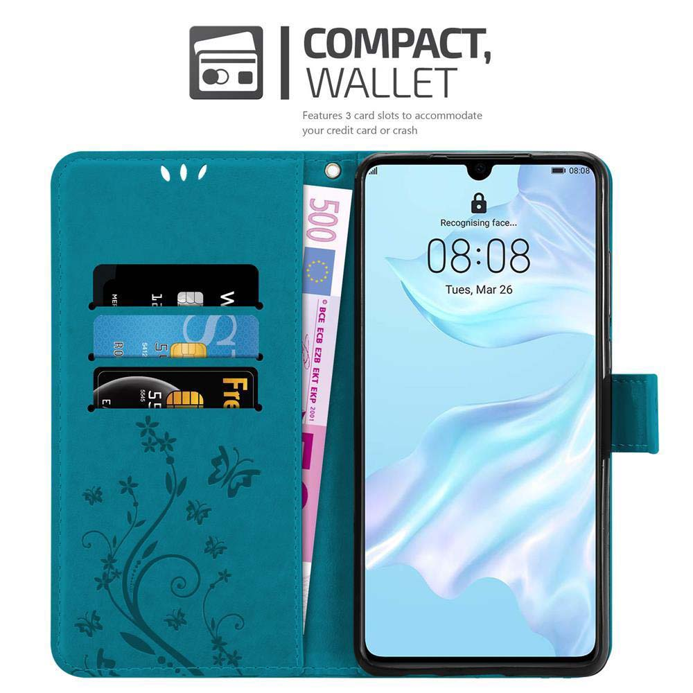 Un telefono in una custodia a portafoglio blu. Carte di credito e denaro all'interno. Testo: Compatto, Portafoglio. Riconoscimento facciale.