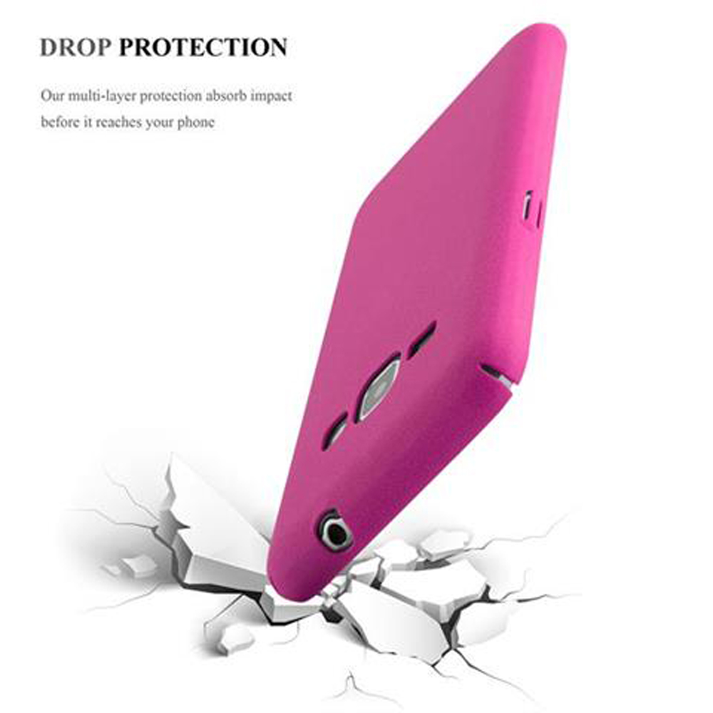 Una custodia per telefono rosa. Testo: Drop Protection. La custodia rompe una superficie bianca.