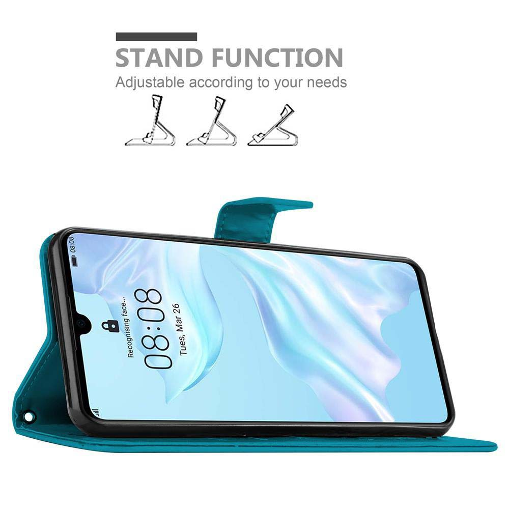 Telefono in custodia verde acqua aperto. Lo schermo mostra l'ora. Grafico della funzione stand sopra.