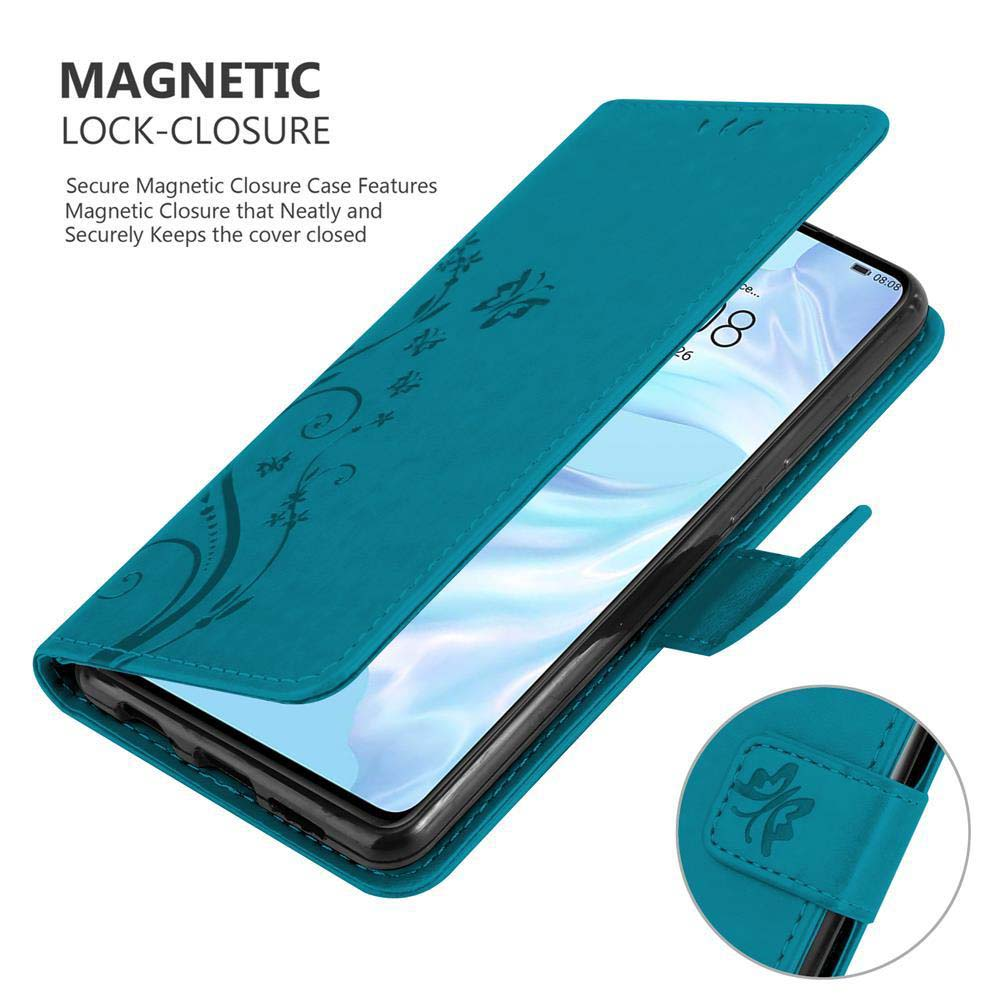 Custodia turchese aperta, rivela un telefono. Dettagli floreali e chiusura magnetica.