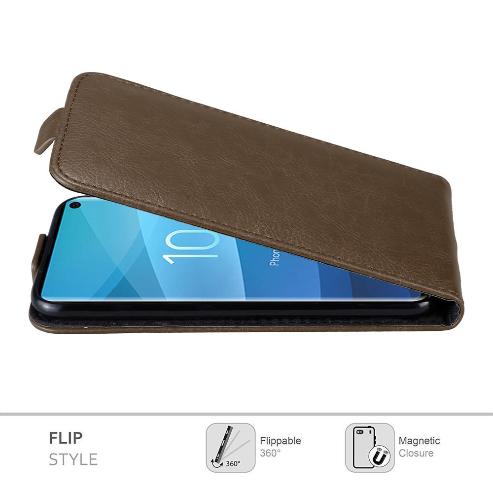 Braune Leder-Flip-Handyhülle, offen, mit Telefon darin. Symbole für klappbar und magnetisch.