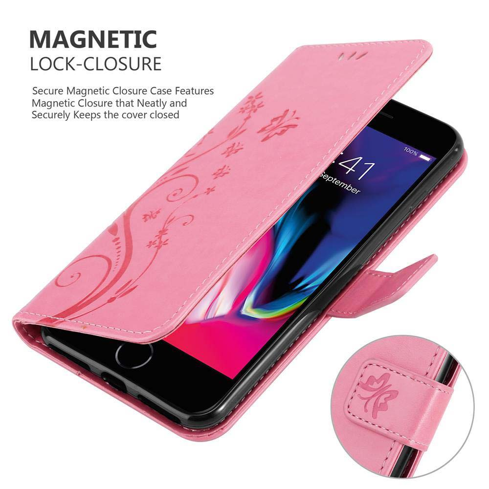 Custodia rosa, aperta, con telefono che mostra 41 settembre. Testo: Chiusura magnetica.