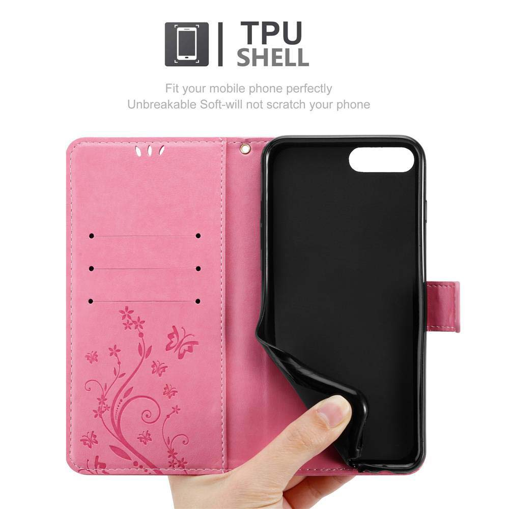 Una custodia per telefono rosa con un design floreale e un telefono nero all'interno.
