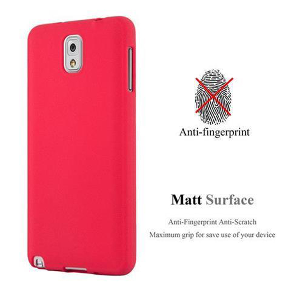 Custodia per telefono rossa con superficie anti-impronta e opaca. Lo sfondo è bianco.