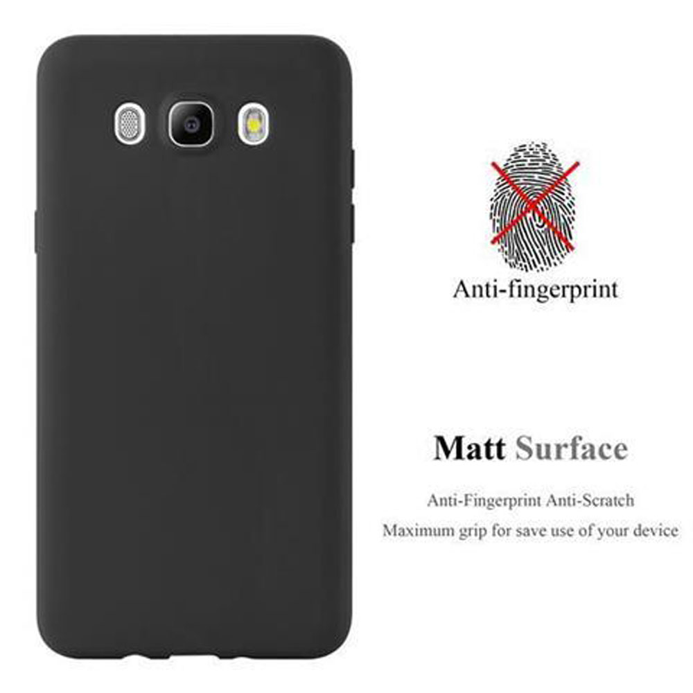 Una funda de teléfono negra con superficie antihuellas y mate. Un icono muestra una huella dactilar.