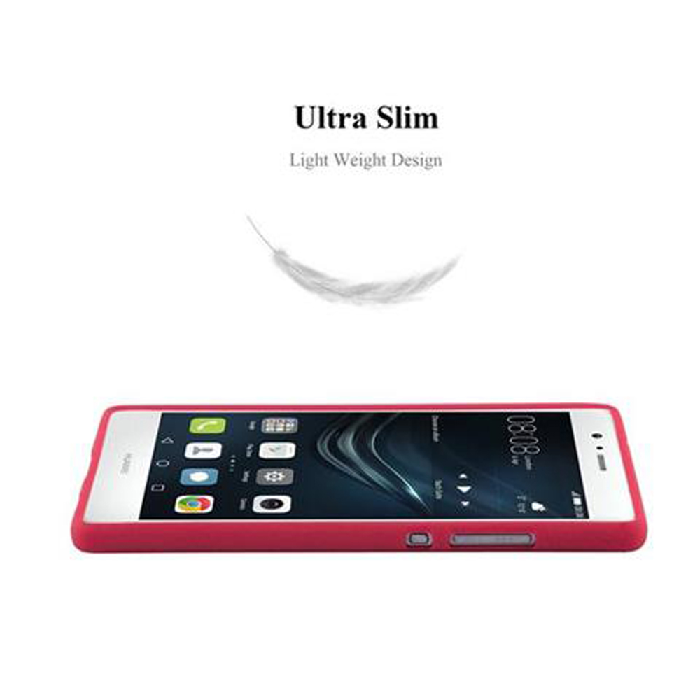 Custodia per telefono rossa e telefono. Il telefono è nella custodia. La custodia è rossa e ha ritagli per il telefono.