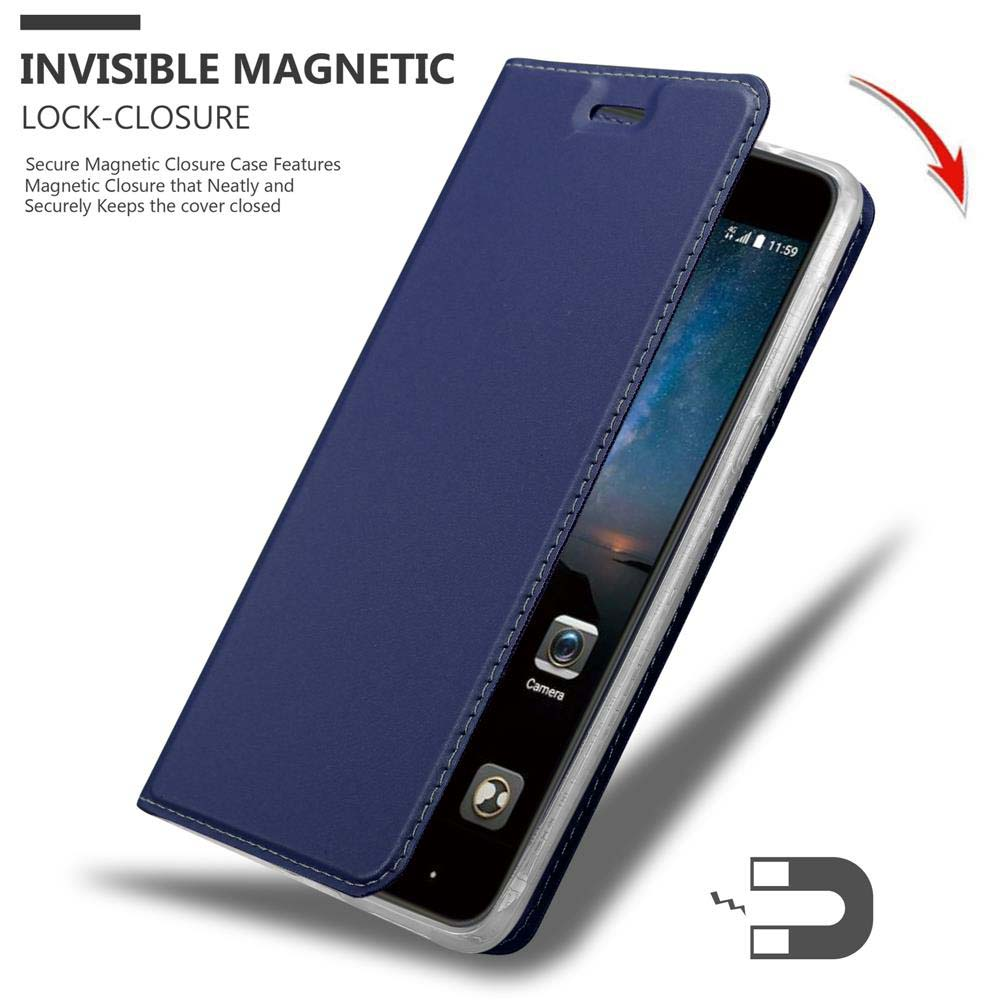 Blaue Handyhülle mit Telefon darin. Die Hülle ist geöffnet und zeigt den Bildschirm.