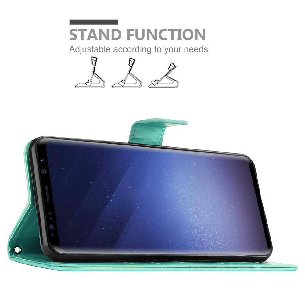 Una custodia per telefono con un telefono all'interno. Lo schermo del telefono è visibile, mostrando un display blu.