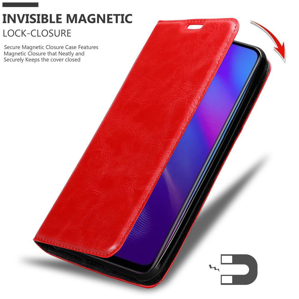 Custodia a libro rossa per telefono aperta, che mostra il telefono. Parole chiave: chiusura magnetica invisibile.