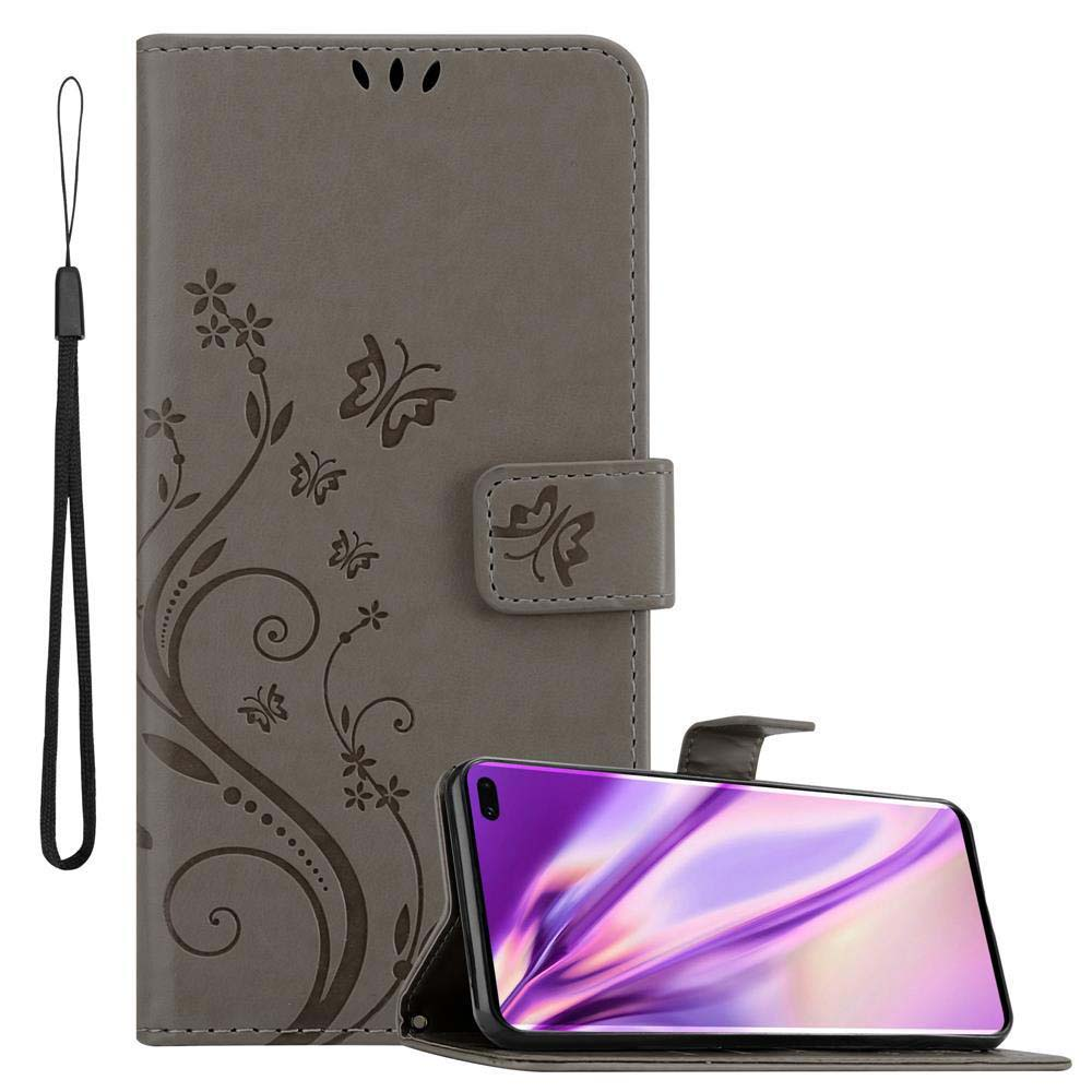 Graue Handyhülle mit Schmetterlingsdesign. Telefon ist sichtbar. Eine Handschlaufe befindet sich links.