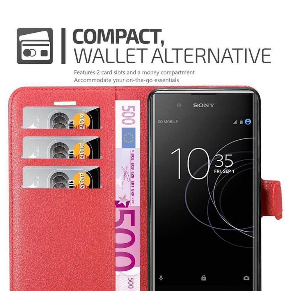Eine rote Geldbörsenhülle mit Karten und Geld. Ein Telefon befindet sich daneben und zeigt seinen Bildschirm.