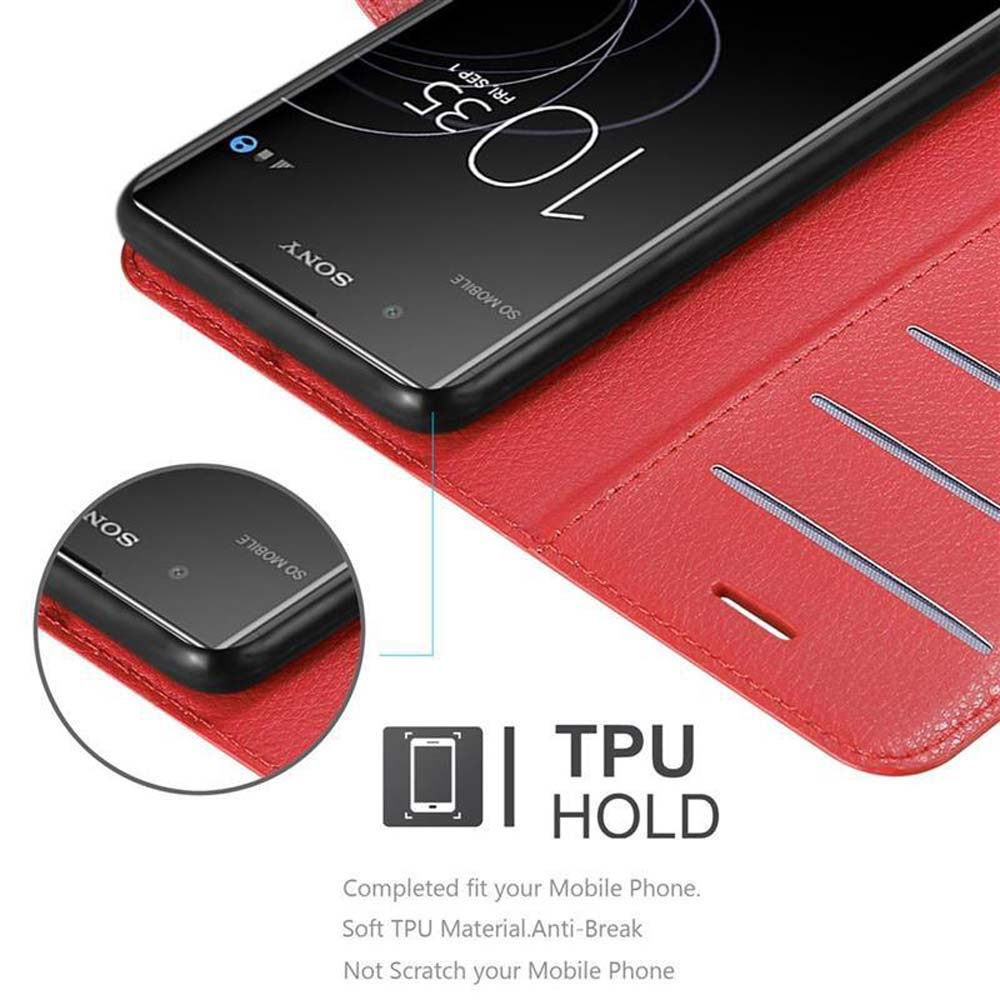Rote Handyhülle offen mit Telefon. TPU HOLD-Etikett und Details: passt, weich, bruchsicher.