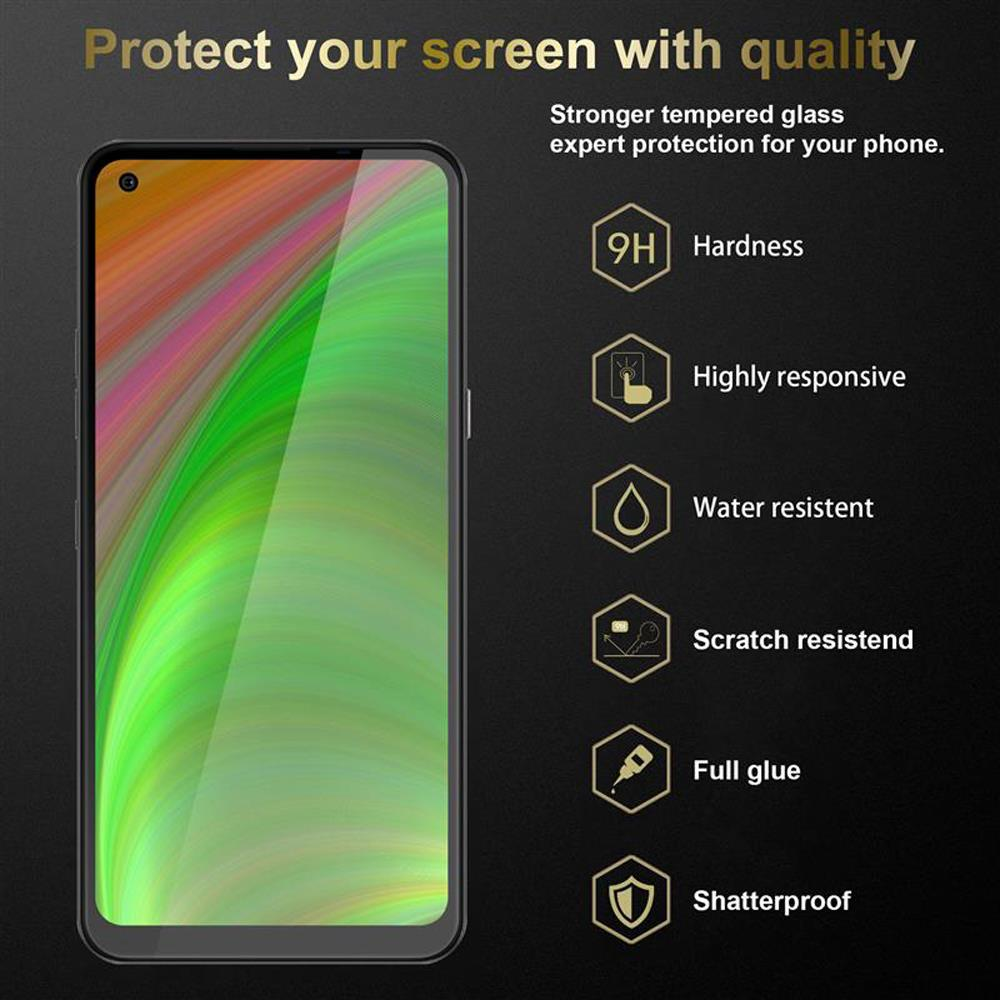 Schermo dello smartphone con protezione applicata, che mostra icone. Il testo evidenzia 9H Hardness e altre caratteristiche.