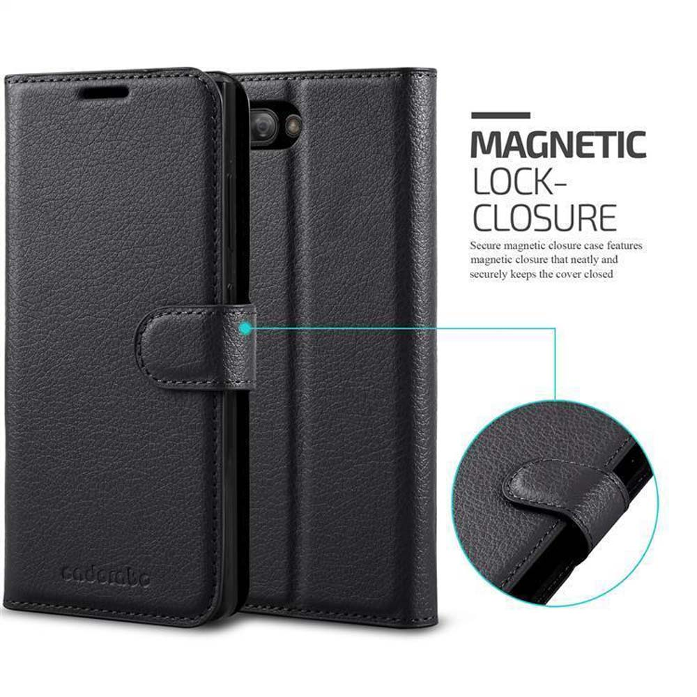 Custodia per telefono nera, chiusa, con chiusura magnetica.