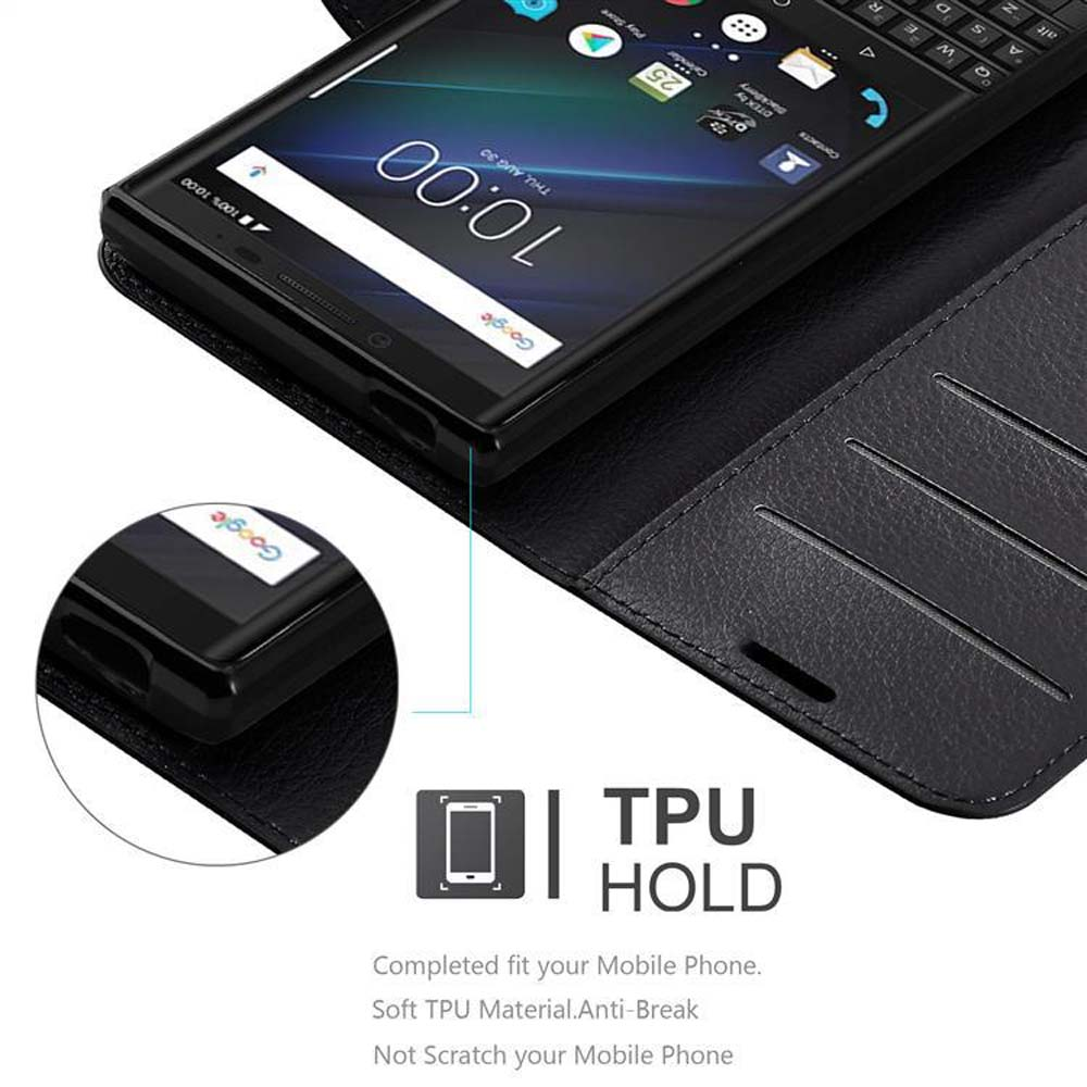 Telefono nero in una custodia, che mostra lo schermo. Testo: TPU HOLD, Adattamento completo per il tuo cellulare.