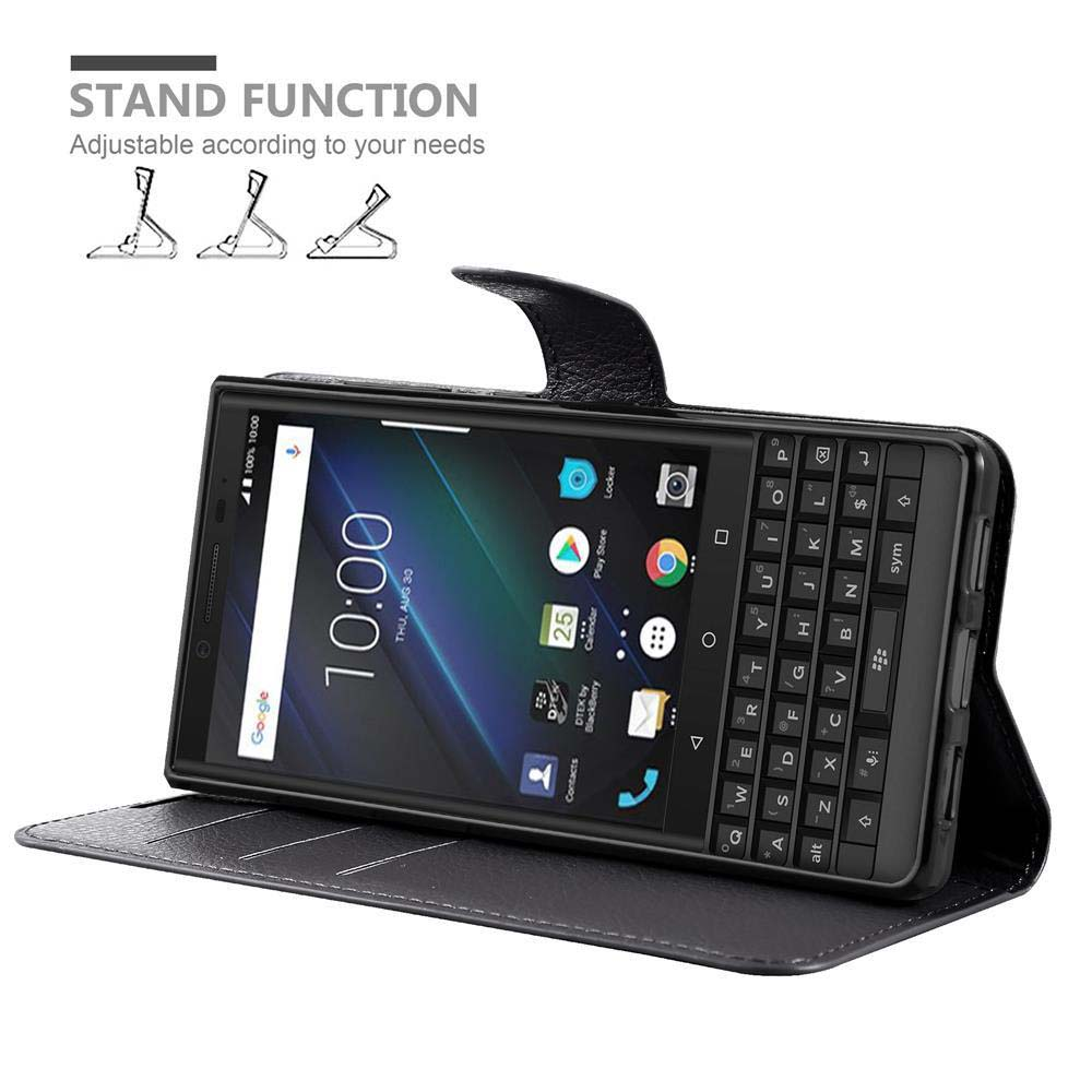 Telefono nero con tastiera in custodia di pelle nera, aperto per mostrare lo schermo e le funzioni di supporto.
