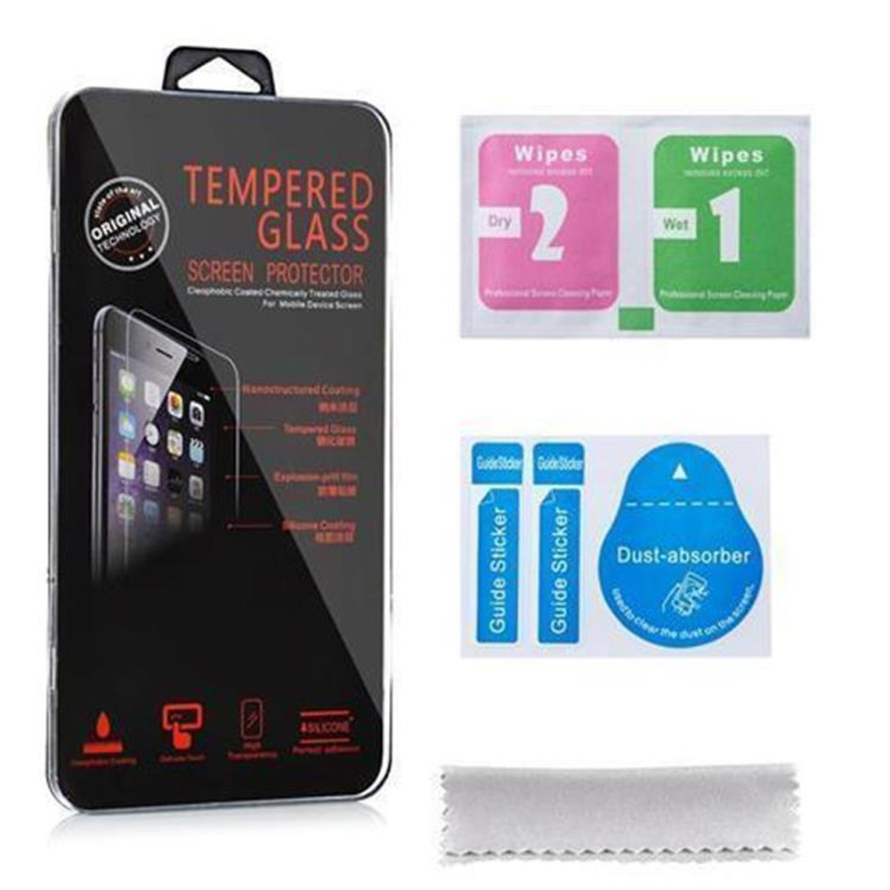 Kit protezione schermo in vetro temperato con salviette, adesivi guida e panno per la pulizia.
