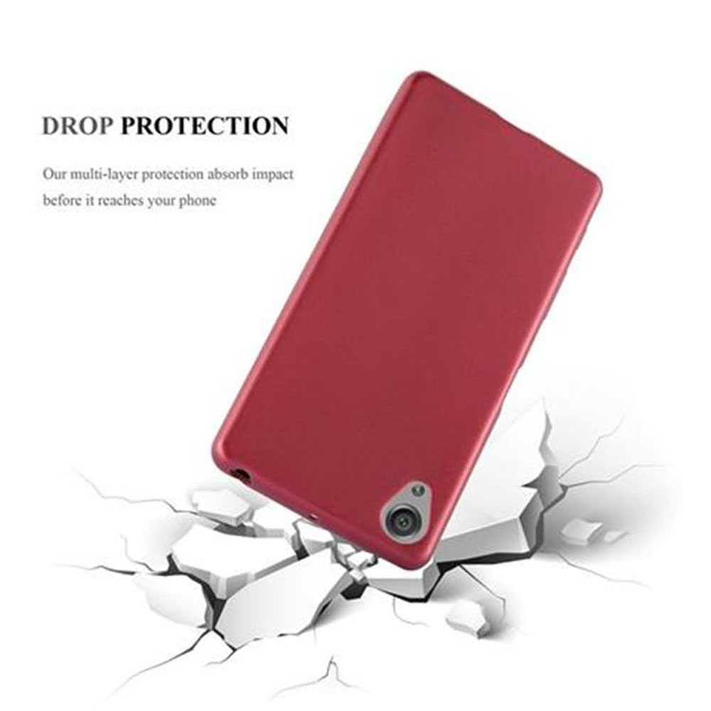Custodia rossa per telefono che cade. La custodia del telefono è rossa. Testo: Protezione dalle cadute.