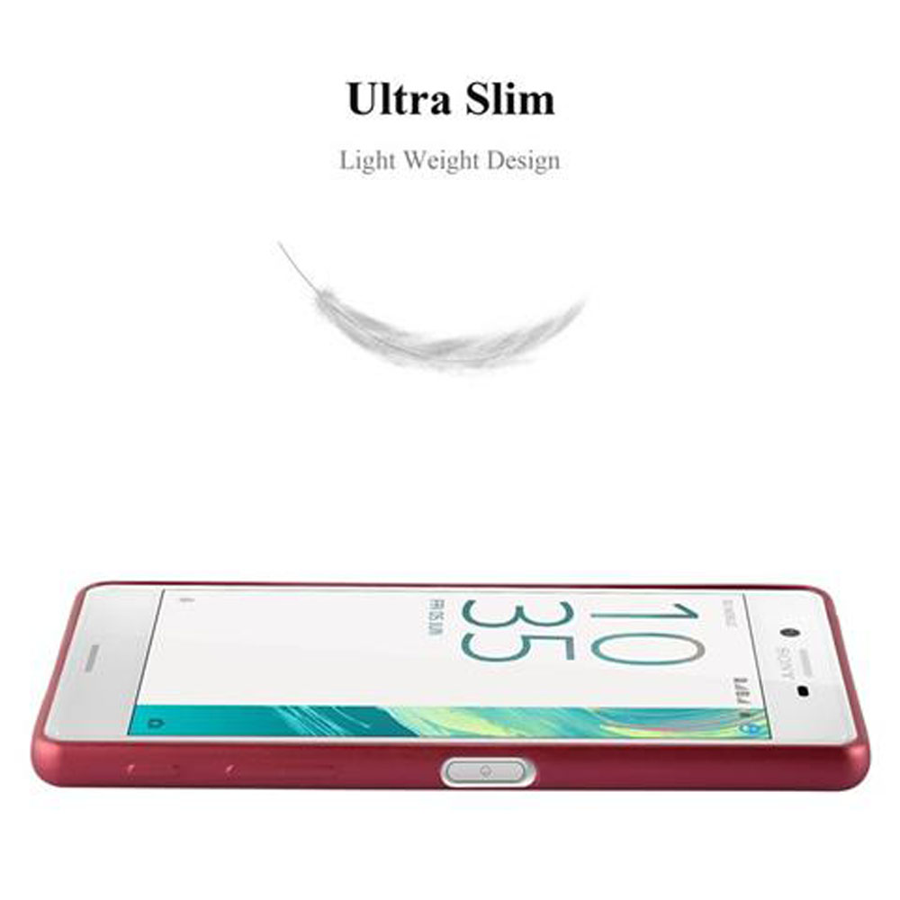 Un telefono su una custodia rossa, con una piuma sopra. Testo: 'Ultra Slim, Light Weight Design'.